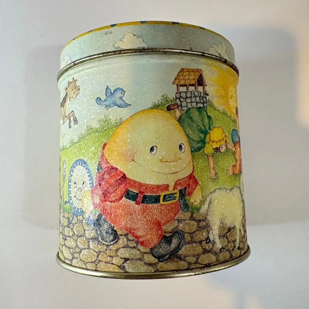 Vintage Storybook Parade Tin Coin Bank Nursery Rhyme Humpty Dumpty Bo Peep